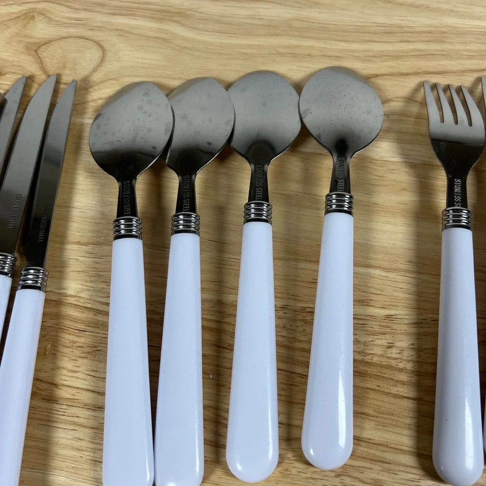 12pc Stainless Steel Flatware Set White Plastic Handles Service for 4 MCM Style